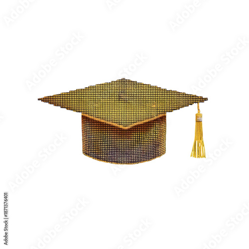 Golden graduation cap with tassel on white background