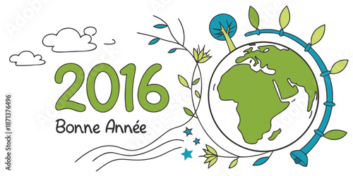 Hand Drawn Green 2016 New Year with Earth Globe and Leaves Bonne Année