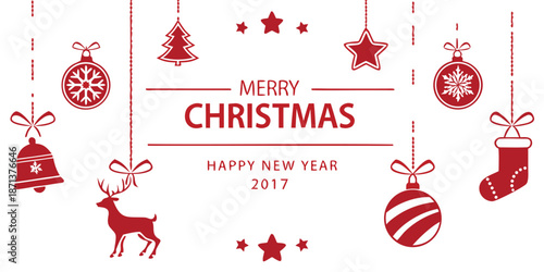 Red Christmas and New Year 2017 Greeting Card with Ornaments and Deer holiday