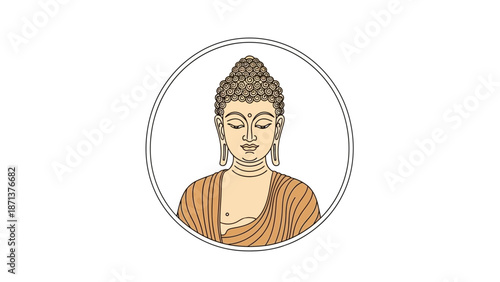 Illustration of Buddha in orange robes within a circular frame.