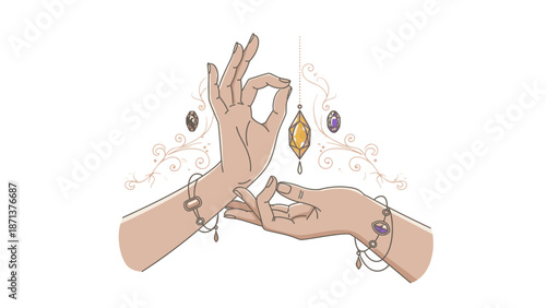 Hands adorned with jewelry and mystical symbols in a symbolic gesture.