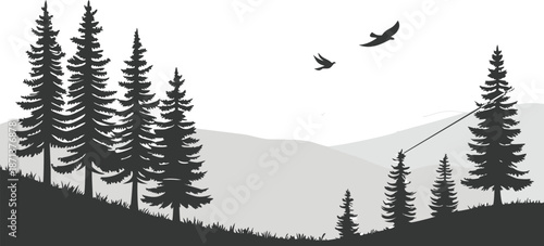 Silhouette Of Tall Evergreen Trees Against Misty Mountains With Flying Birds pine trees coniferous