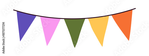 Party bunting flag banner, festive decorative garland with hanging triangle pennants, celebration and holiday ornament for event and party decoration isolated on background flat vector illustration.