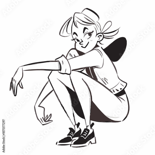 a blonde anime femme fatal young woman dressed as a dancer and sitting at an angle smiling. 2D digital art style, illustration. generative AI