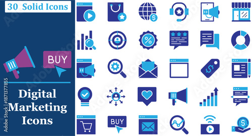 digital marketing and ecommerce solid icons set for online shopping advertising analytics sales growth and business promotion. Solid vector symbol collection.