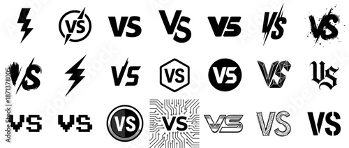 Battle vs icon set featuring letters, duel symbols, and competition graphics for games, sports, esports, digital interfaces, posters, branding, and competitive design projects.