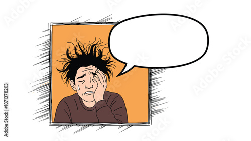Comic book style illustration of a stressed and exhausted man with messy hair holding his head in despair with a blank speech bubble.