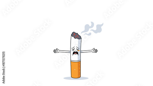 Sad cartoon cigarette character with outstretched arms in a gesture of surrender, representing the concept of quitting smoking.
