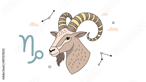 Astrological illustration of the Capricorn zodiac sign featuring a goat head with large horns, the horoscope symbol, and stars.