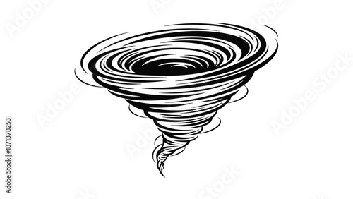Dynamic black and white sketch-style illustration of a powerful swirling tornado or cyclone, isolated on a white background.