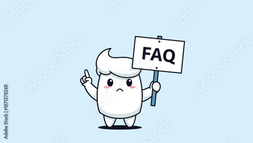 Cute but sad cartoon tooth character holding an FAQ sign and pointing, representing dental questions and information concepts.