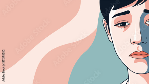 Close-up artistic illustration of a young man with a sad and melancholic expression, dealing with depression or loneliness.