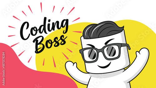 Fun cartoon marshmallow character wearing sunglasses with the text 'Coding Boss', representing a skilled and confident programmer.