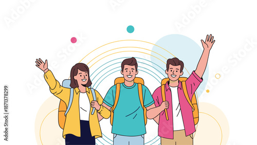 Happy group of three young friends with backpacks waving cheerfully, representing tourism, travel, friendship, and adventure.