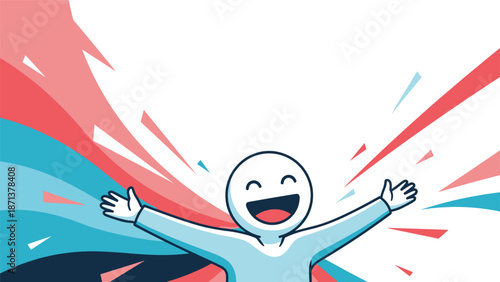 Joyful and energetic stick figure character with open arms against a colorful abstract background, celebrating happiness and success.