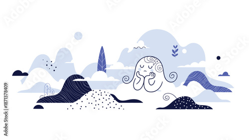 Abstract illustration of a sad and pensive character floating among clouds and stylized mountains in a monochrome blue palette.