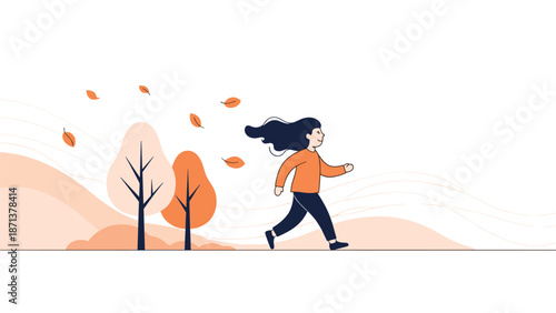 Illustration of a woman happily walking or jogging in a park during autumn with falling leaves and seasonal-colored trees.