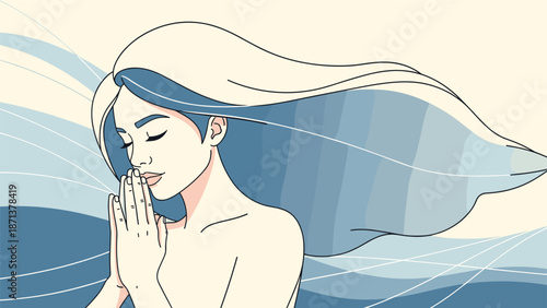 Peaceful illustration of a beautiful woman with long flowing blue hair in a prayer pose, surrounded by gentle waves of water.