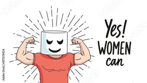 Empowering illustration of a strong muscular character with a marshmallow head and the slogan 'Yes! Women can' for feminism.