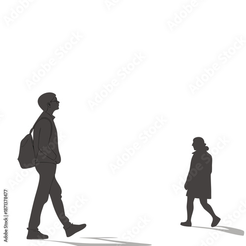 Two people walking in different directions