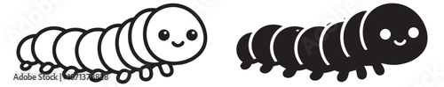Minimalist black and white caterpillar illustration set featuring two versions, line art and solid, for simple animal designs