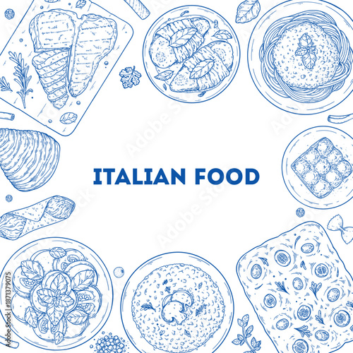 Italian cuisine. Italian food top view. Vector drawing illustration. Set of sketches of Italian dishes. Food menu design template. Not AI generated.