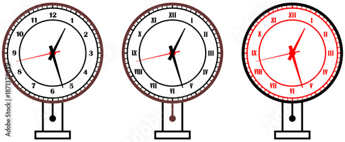Vintage and modern clock faces with Roman numerals and retro hands. Blank clock dial with hours, minutes, and seconds hands.