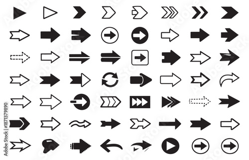 Diverse graphic arrow icons set featuring various directions and styles for UI design and web navigation