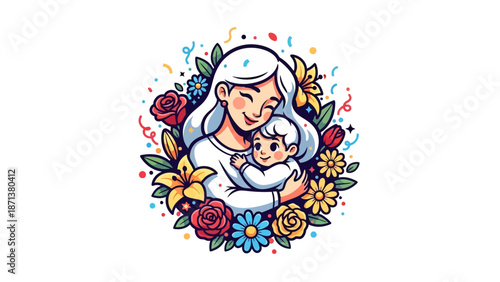 Loving mother embracing her baby surrounded by vibrant flowers