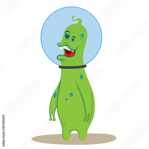 Illustration of a green alien mascot, an alien with a helmet. Image can be used in educational and promotional materials.
