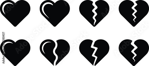 Black heart icon set with love and broken heart variations, minimalist romantic silhouette symbols for modern graphic design use