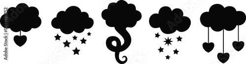 Black cloud icons with hearts stars and swirl shapes love dream fantasy weather silhouette vector illustration set
