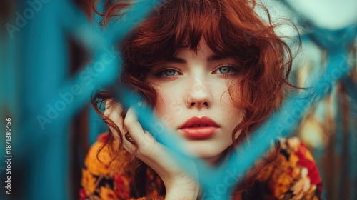 Captivating close-up of a vibrant red-haired woman, her striking aqua eyes piercing through a soft, blurry turquoise foreground. Her soulful gaze, enhanced by a delicate golden nose ring and full red