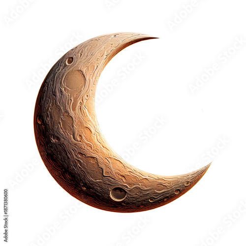 Crescent moon with cratered surface and golden hue