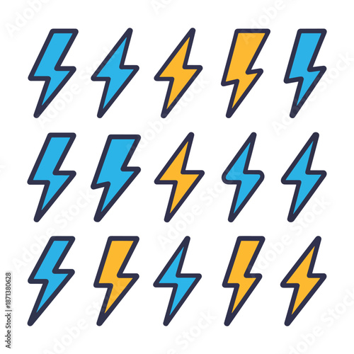 Colorful Lightning Bolt Icons Vector Set, Energy Power Thunderbolt Graphic Collection