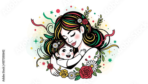 Loving mother embracing her little child with flowers and stars