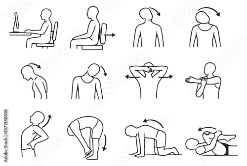 Line art ergonomics and stretching icons set featuring figures demonstrating good posture, neck, shoulder, and back exercises for office and desk health