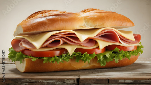 Ultra-realistic food photography of a fresh deli sandwich on a rustic wooden table, soft crusty baguette bread filled with thinly sliced ham, melted cheese, crisp lettuce, and ripe tomato slices.