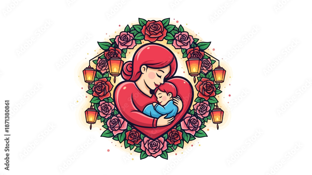 Fototapeta premium Loving mother holding baby in heart surrounded by roses and lanterns