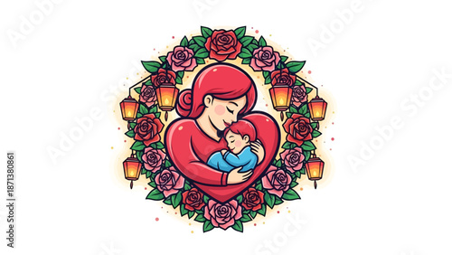 Loving mother holding baby in heart surrounded by roses and lanterns