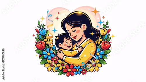 Loving mother embracing her happy little child surrounded by vibrant flowers