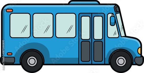 Blue city bus illustration, modern public transportation vehicle cartoon style, urban passenger bus design for travel, traffic, commuting, and mobility concept graphics