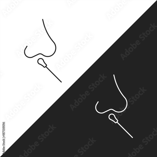 Minimalist Nasal Swab Test Icon Set, Human Nose and Cotton Bud Line Art Vector Illustration for Medical Diagnostics, PCR Testing, and Healthcare Apps (Black and White Versions)