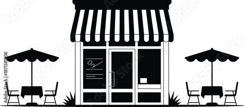 Cafe storefront silhouette illustration with outdoor tables and umbrellas, modern coffee shop exterior design, black flat building icon for restaurant, retail, and urban concepts
