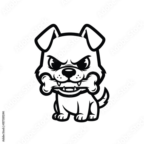 Grumpy Bulldog With Bone: A cartoon bulldog, drawn in bold lines, grips a bone, its stern expression and powerful stance embodying a playful yet slightly menacing charm.