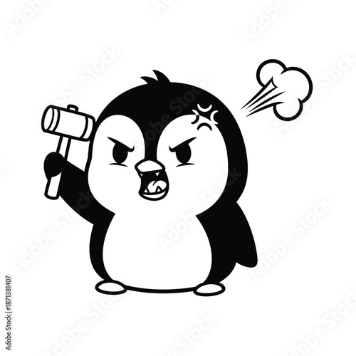 Angry Penguin with a Mallet: A cartoon penguin with a furious expression, wielding a mallet, and letting off steam. A visual metaphor for frustration and anger.