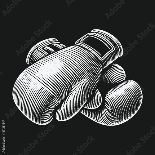 Detailed Engraving of Boxing Gloves on Black Background.