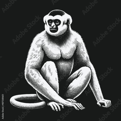 Detailed Engraving of a White-Handed Gibbon Sitting in a Relaxed Pose.