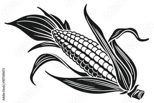 Black and White Hand Drawn of Corn Cob with Husks maize vegetable