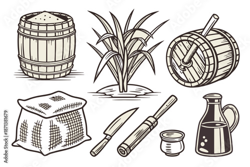 Black and White Line Barrel Plant Cutting Tools Bottle Jar wooden barrel leafy plant